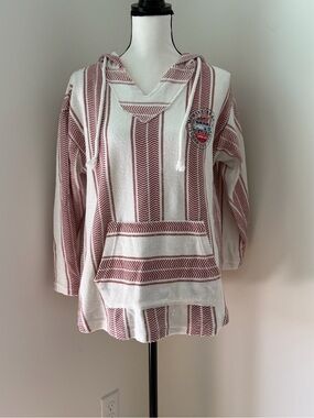 Striped Baja Myrtle Beach Hoodie Sweatshirt - White & Dusty Red